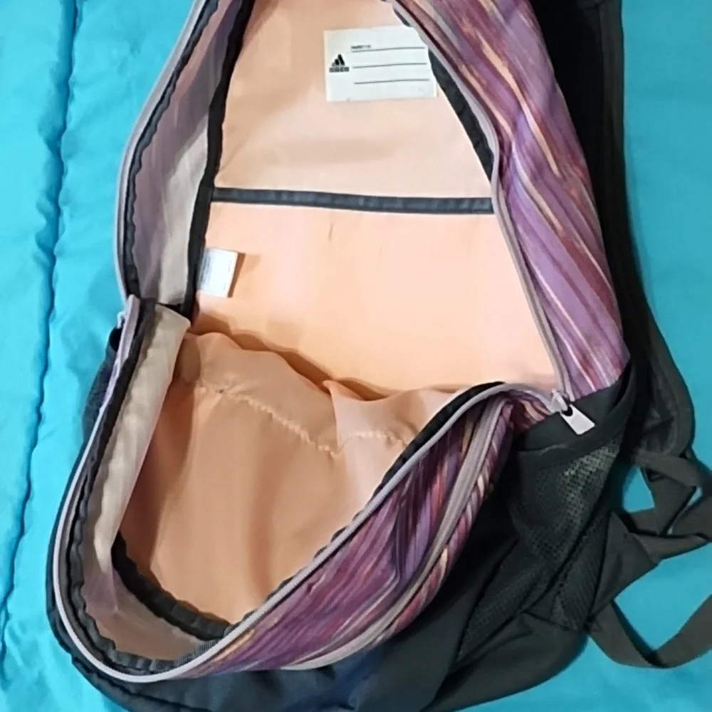 Adidas backpack, gray with variegated pink purple peach